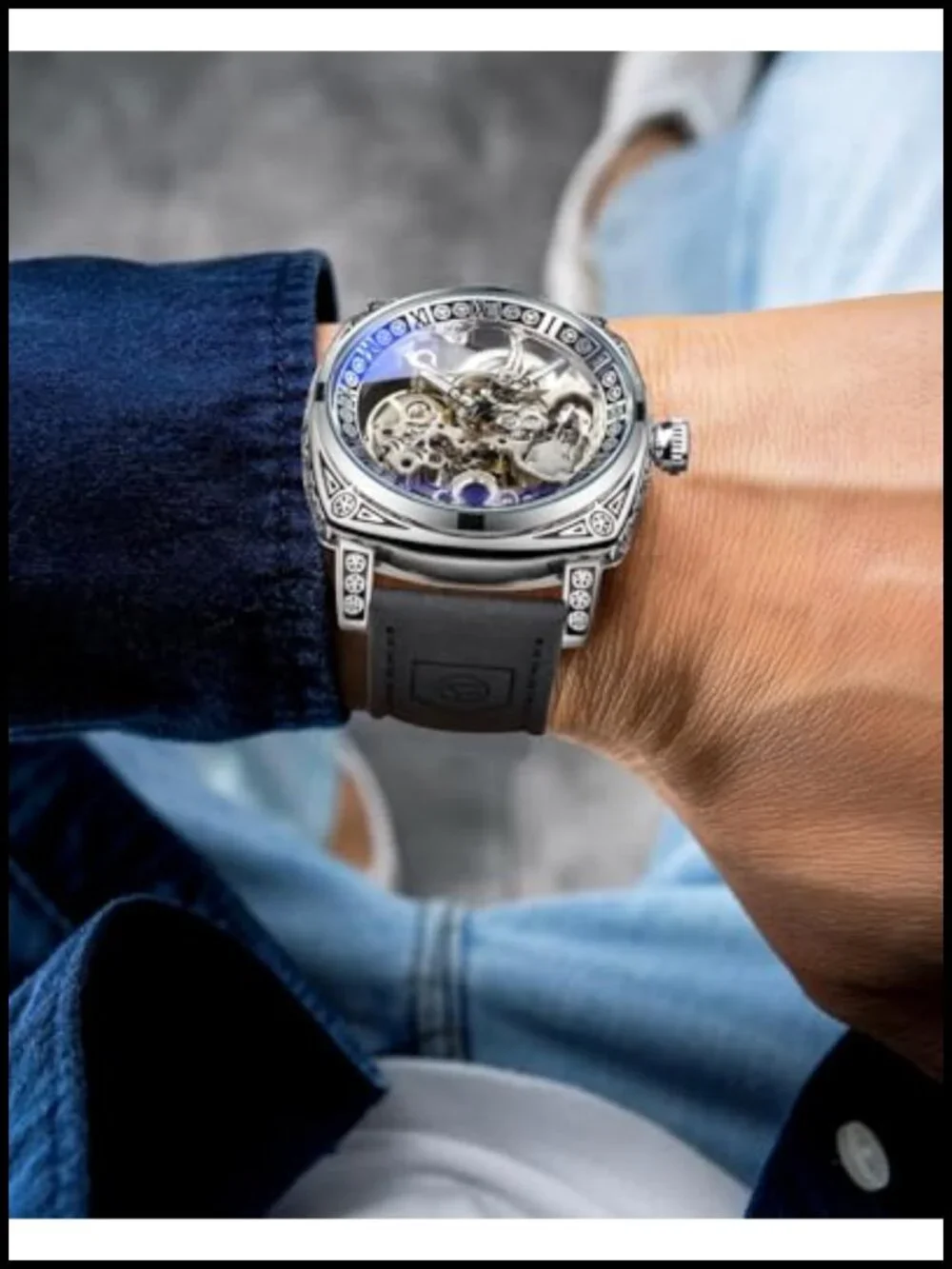FORSINING Men's Square Retro Mechanical Watch Self-Wind Skeleton Carved Leather